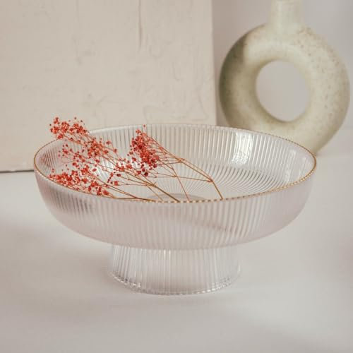 HOMLA LYNN - Ciotola grande scanalata in vetro con bordo dorato, 26 x 12 cm, trasparente