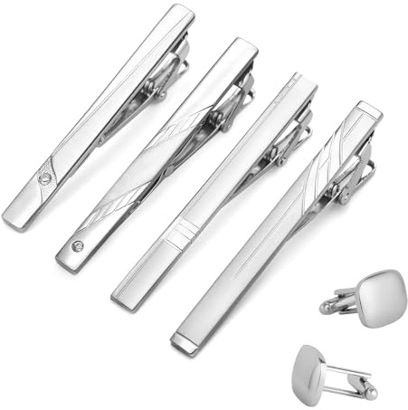 KUUGUDE 4 Stück Krawattenklammer Set für Herren, Krawattennadel silber, Manschettenknöpfe Set für Hochzeiten, Jahrestag, Business und Alltag​
