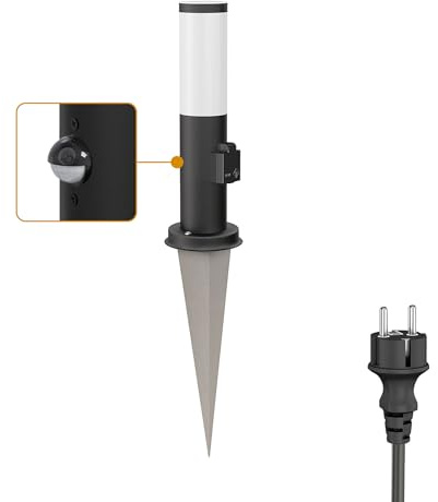 ledscom.de Pollerleuchte PORU Sensor mit Erdspieß und 2m Kabel für außen, 38cm, schwarz, Steckdose, inkl. E27 Lampe 471lm, extra-warmweiß