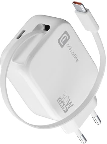 Cellularline Caricabatterie da Rete 30W con Cavo Retrattile USB-C 90cm, Tecnologia GaN, Doppia Porta USB-C Power Delivery, Compatto per Smartphone e Tablet, Bianco