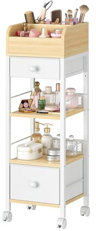 HOOBRO Makeup Organizer Cart with Fabric Drawers, Mobile Makeup Storage with Swivel Casters and Leveling Feet, Cosmetics Display Holder for Bathroom and Bedroom Vanity, White and Natural WN20TC04