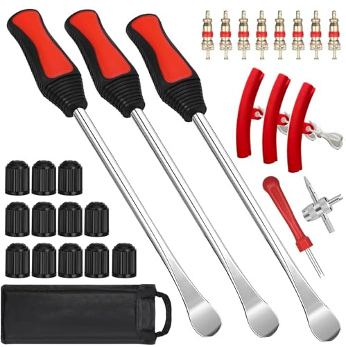 JSUOEO Reifenmontierhebel Motorrad Kit, 29 Stück Montiereisen Reifen Reifenwechsel Werkzeug Set Reifenheber Kombination mit 3 Felgenschützern und 12 Ventilkappen für Fahrrad Wagen Scooter