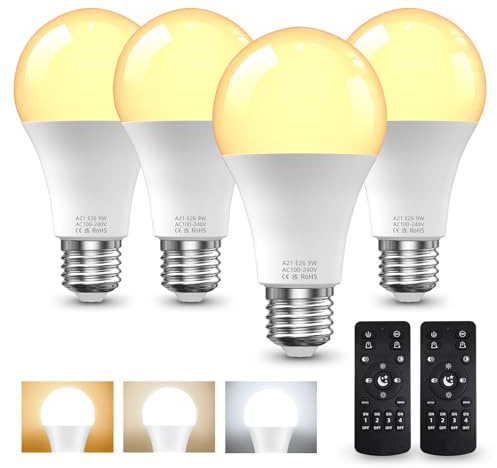 BrightArk Bombilla LED E27 con Mando a Distancia, Bombilla Regulable E27, Bombillas LED 9W, 3 Temperaturas de Color 3000K-6000K, Bombillas con Mando con Temporizador y Función de Memoria
