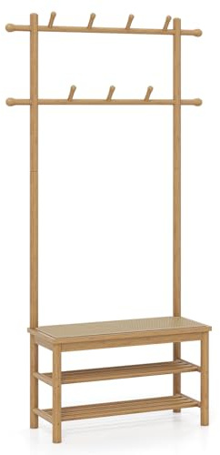 Multigot Bamboo Coat Rack, PE Rattan Hall Tree with 11 Hanging Hooks and 2 Shelves, 3-In-1 Shoe Storage Bench Organizer for Hallway Bedroom Entryway (Natural)