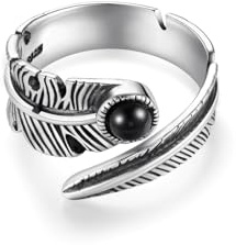 PHNIBIRD Herren Ringe Schwarz 925 Sterling Silber Feder Ring mit Onyx Stein Verstellbare Ring Unisex Vintage Schmuck Geschenk
