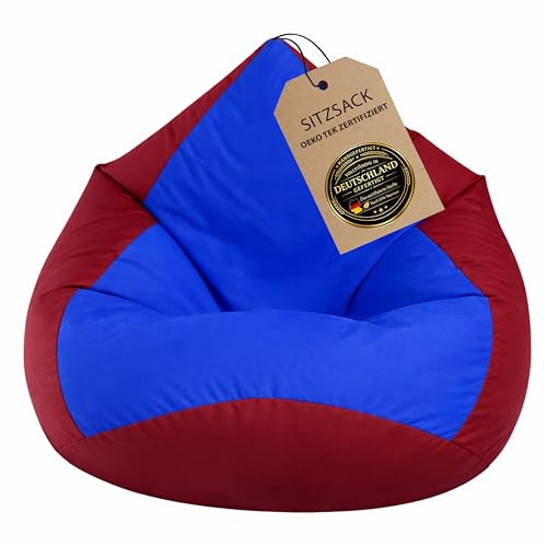 BuBiBag Sitzsack XXL Gaming – Bean Bag fertig befüllt – Oeko-Tex – wasserabweisend – Kinder & Erwachsene – weinrot-blau – 120x95cm