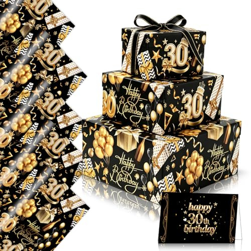 5er Schwarz Gold Geschenkpapier 30 Geburtstag für Männer Frauen,70x50cm Geschenkpapier Happy Birthday 30.Geburtstag Geschenktüte mit Geschenkband Geburtstagskarte für 30.Geburtstag Geschenkverpackung