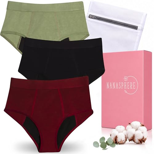 NANASPHERE 3er Set Menstruationsunterwäsche High Waist Damen – Wiederverwendbare Periodenunterwäsche aus Bio-Baumwolle, Hohe Saugkraft, Weicher Menstruationsslip für Tag & Nacht