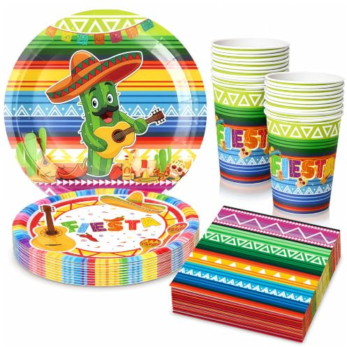 Mexican Fiesta Party Decorations 50Pcs Fiesta Tableware Set Colorful Cinco de Mayo Decorations Plates Cups Napkins Cactus Sombrero Party Supplies for Birthday Summer Hawaii Party Fiesta Decor