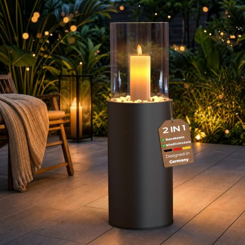 DELEMOPURE Standkamin Garten Deko Windlichtsäule für draußen und drinnen 2IN1 Laternen für Draußen Groß 81CM Terrassen Deko Stahl Windlicht Outdoor Rauchfrei Kerzenständer