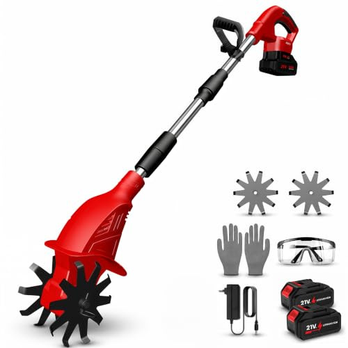 Elektrische Motorhacke, 650 W, Mini-Motorhacke mit Akku 3000 mAh, Schaft 1,3 m, Arbeitsbreite 10 cm, Arbeitstiefe 10 cm, zum Lockern von Erde, Garten und Obstgarten (rot, 2 Batterien)