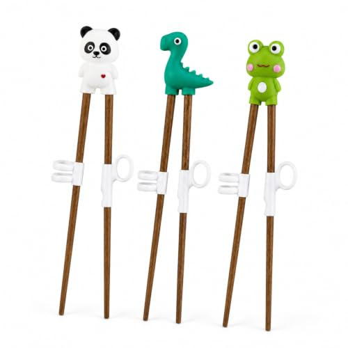 Sukizifa ätpinnar för barn 3 par ätpinnar panda dinosaurie groda trä 22 cm med 3 finger ätpinnar hjälp barnlärningsset sushi nybörjare ätpinnar
