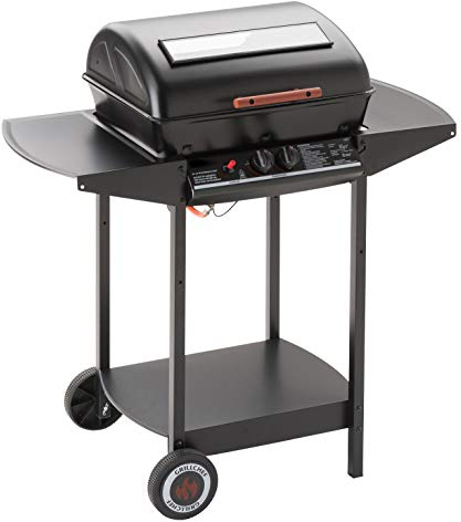 GRILLCHEF Gasgrill 12375FT | Mit 2 Stufenlos einstellbaren aluminierten Stahlbrennern | Inklusive verchromter Grillrost | Deckel mit Sichtfenster & Abklappbare Seitentische als Ablagefläche [Schwarz]