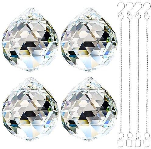 Adwikoso 4er-Set 50mm Sonnenfänger, hängende Kristalle mit Metallkette | Kristallkugel, Prisma-Anhänger, Lichtfänger, Glashänger-Deko für Fensterdekoration, Hochzeit, Feng Shui, Zuhause, suncatcher