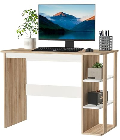 HOMCOM Computer Desk, Writing Desk with 3-Tier Storage Shelf, Work Table for Home Office, Study, Living Room, Oak and White