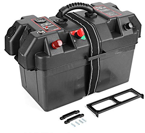 Akozon Battery Box 12V Leisure Akku Batteriebox Batteriekasten mit Deckel und Befestigungsgurt Trolling Motor Power Center Station Batterie Box USB & 12V Ladegerät Anschluss