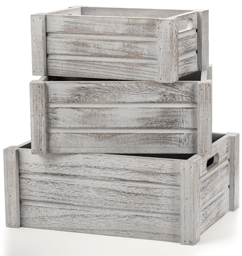 Hacaroa 3 Pack Wood Crates with Handles, Rustic Nesting Storage Container Box Decorative Wooden Basket Bins for Fruit, Vegetable, Home, Laundry, Farmhouse, 3 Sizes