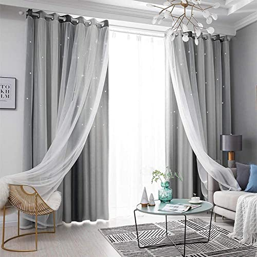 Star Blackout Vorhänge für Schlafzimmer Doppelt geschichtete thermisch isolierte Sonnenschutzvorhänge mit Netz Voile Sheers für Kinder Mädchen Zimmer Wohnzimmer (Grey, 2 Panels 132 X 213cm)