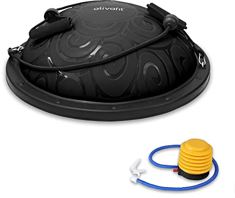 Ativafit 60*18cm bis 300KG Yoga Balance Trainer Ball, Balancetrainer Gymnastikball Halbkugel mit Expander & Pumpe, Rutschfest Yoga Gymnastik Ball Yoga für Krafttraining Gleichgewichtstraining Schwarz