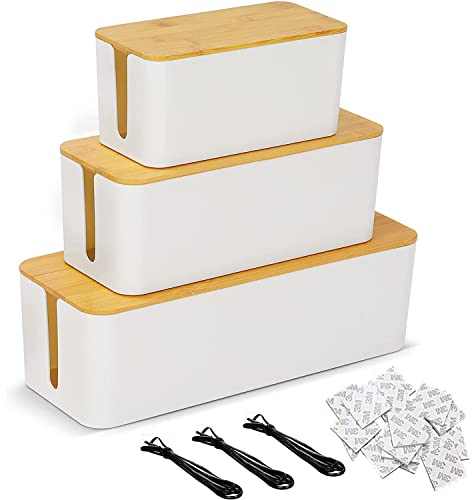 SENENQU Lot 3 Boîte Cache Câble Blanc, Grand Boîte de Rangement Câbles Electriques avec Bois Couvercle, Boite Cache Prise Multiprise pour Protection de Câble et Prise Electriques Blanche
