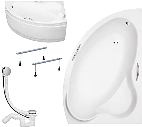KOLMAN Badewanne ADA Eckbadewanne 160x100 Rechts mit AcrylSchürze, Ablaufgarnitur und Füßen Komplettset 4in1 Premium Original Acryl Wanne Siphon