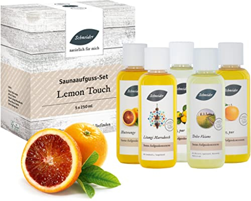 Saunabedarf Schneider - Aufgussset Lemon Touch 5 x 250 ml Inhalt - fruchtig-mediterraner Saunaaufguss - wohltuender Mix