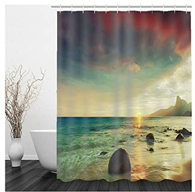 Hoisy Duschvorhänge für Badewannen, Badezimmer Duschvorhang Sonnenuntergang Am Meer Rot Grün Größe 165X180CM