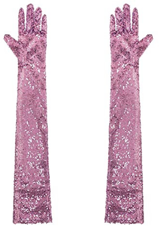 TiaoBug Damen Glänzend Pailletten Handschuhe Vollfinger Festlich Lange Abendhandschuhe Braut Armstulpen Party Hochzeit Fäustlinge Rosa Einheitsgröße