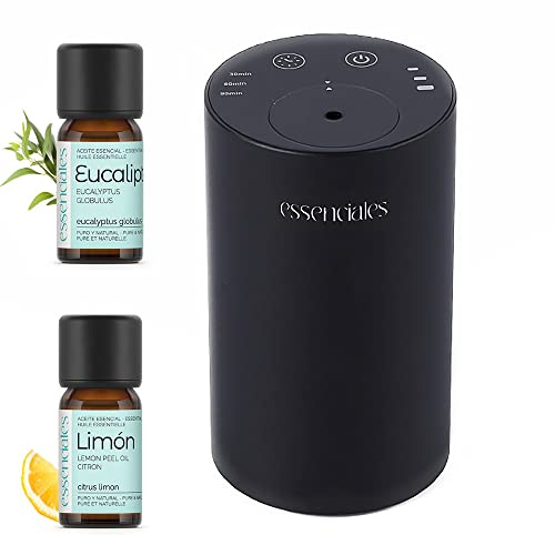 Ambientador Coche ESSENGO con Aceites Esenciales - Fragancia Natural y Duradera, Regula la Intensidad a tu Gusto - Sin Agua ni Cables, Incluye 2x10ml de Limón y Eucalipto
