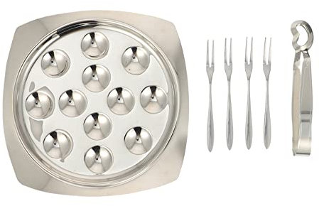 ASEELO Placa de acero inoxidable, placa de escargot con patas de metal, plato de 12 compartimentos con agujeros, con clip y tenedores de acero inoxidable, bandeja de servir ostras