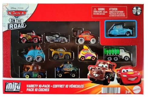 Disney Cars leksaker mini racers set med 10 mini formgjutna leksaksbilar, Derby Racers-serien, med Mato, Datz Jammin, murgröna, Mater och mer