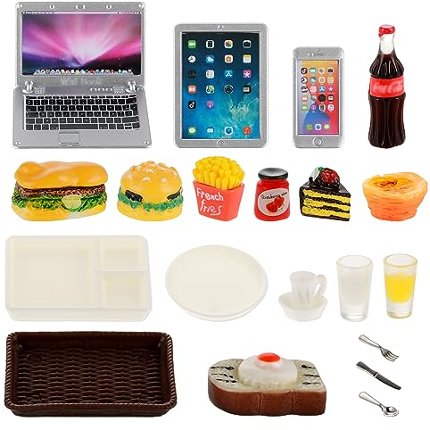 TIESOME Puppenhaus Miniaturen, Laptop Essen Trinken Set, 21 teilig, Simulation Telefon Computer Hamburger Frühstück Modell 1:12 Puppenhaus Dekoration für Foto Requisiten DIY Rollenspiel
