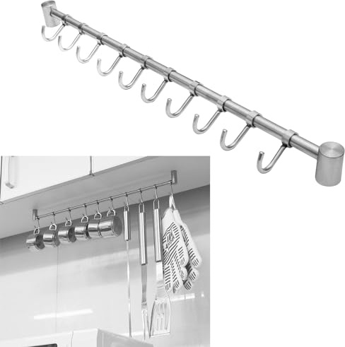 Schürberg Hakenleiste 5 Haken - 36cm Länge Küchenschiene Kleiderhaken Hängeleiste Tassenhalter Küchenreling unterbau oder Wandmontage | 5 Modelle 36-52cm mit 5-10 Haken (8 Haken - Länge: 48cm)