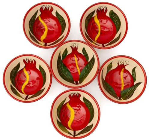 PODARI 6 Keramikschalen 200 ml Piyola klein handgefertigt Granatapfel - Usbekischer Schälchen mit handbemaltem Design | Teetasse | Schale Bunt Keramik | Dipschälchen (Granatapfel)