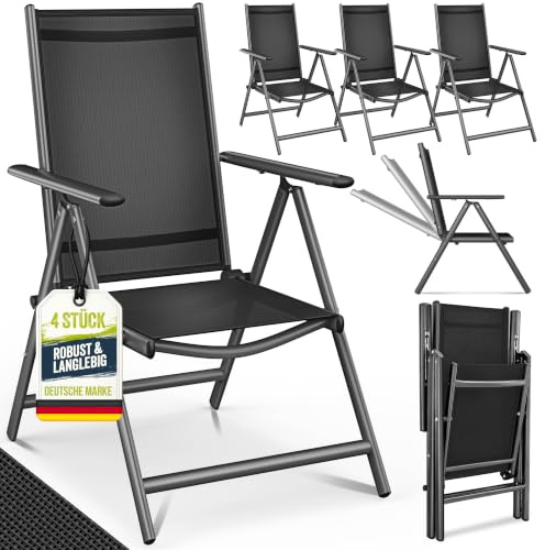 tillvex® Gartenstuhl 4 Stück klappbar mit Armlehnen | 7-Fach Verstellbar | Hochlehner Klappstuhl aus Aluminium | Campingstuhl Klappbar, Wetterfest & Atmungsaktiv | Gartenstühle Balkon Garten Terrasse