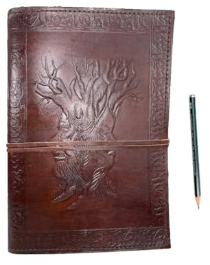 ROOGU Stammbaum [L] * Leder Notiz- Gäste- Skizzenbuch Handmade in Indien – Baum des Lebens Prägung – B5 Format