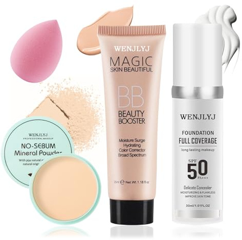 Color Changing Foundation,Non-Greasy Loose Setting Powder Long Lasting Moisturizing BB Cream for Women,Full Coverage Liquid Foundation Face Primer Base Makeup Set with Makeup Sponge
