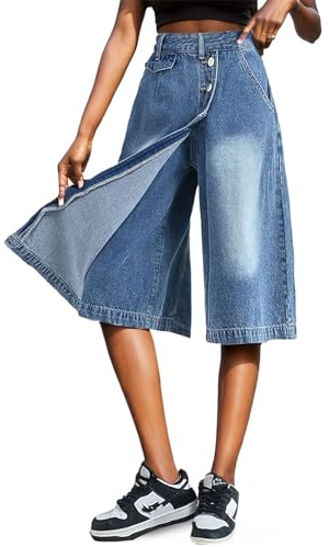 Djeanxa Jorts da Donna Baggy Y2k Bermuda Jean Shorts Bottone Gamba Larga Lunghezza al Ginocchio Pantaloncini in Denim con Tasca, Blu, M