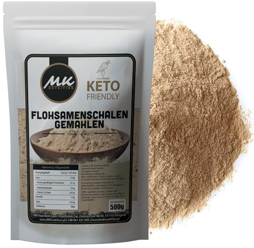 Flohsamenschalen 500 g gemahlenes Pulver - natürliche Ballaststoff gemahlen Psyllium Husk powder - vegan - Low Carb - Ballaststoffreich - ohne Zusätze - Ersatz für Mehl in Keto-Diät