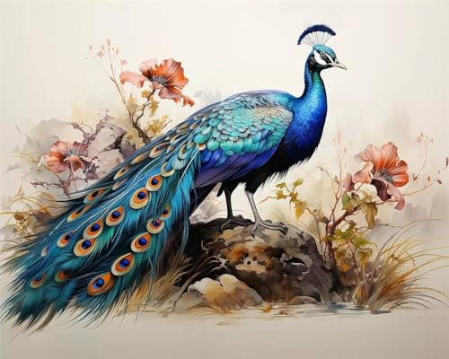 Aimaor Malen Nach Zahlen Erwachsene,Blauer Pfau Paint by Numbers Adult Bastelset Malen-Nach-Zahlen Kinder Anfänger Leinwand Kreativ Set DIY Set Malen nach Zahlen（DIY Frame） 50x65cm