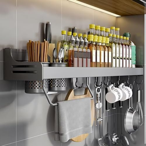 ZOKT Spice Rack Organiser, Spice Racks Wall Mounted, With Adhesive Stickers Kitchen Spice Organiser, Wall Mounted Spice Rack is Suitable for Ceramic tile Wall, Glass, Grey 80cm.