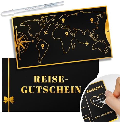Reisegutschein Geschenk, Rubbelkarten zum Selber Beschriften - Bordkarte zum Beschriften, mit Rubbelaufkleber, Umschlag und Stift, Reise Geschenk Karte mit Goldlack als Urlaub Gutschein/Geschenkidee