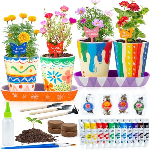 RGBDOT Set Malen und Pflanzen von Keramik Nursery Blumengarten mit 4 Töpfen, Bestes Geburtstags-Kunst- und Bastelset für Mädchen und Jungen im Alter von 5-12 Jahren Ostern Geschenke