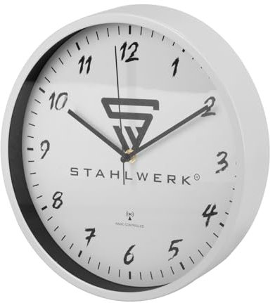 STAHLWERK Orologio da parete 30 cm bianco da officina | Orologio radiocontrollato | Orologio da parete | Orologio da ufficio | Orologio da cucina con cassa in alluminio e movimento RCC