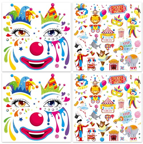 HOWAF 4 Bogen Gesichtstattoo Clown Tattoo Bunt, Gesichtstattoo Karneval Halloween Tattoo Gesicht Temporäre Tattoos für Clown Kostüm, Faschingskostüme, Halloween Karneval Fasching Kostüm