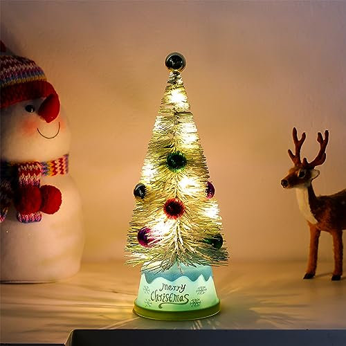 Weihnachtskugel Mini Weihnachtsbaum mit beflockten Kiefern Nadeln Weihnachtskugel Ornament Geschenk Dekoration Baum mit Lichtern Künstlicher Vorbeleuchteter Weihnachtsbaum für Küche