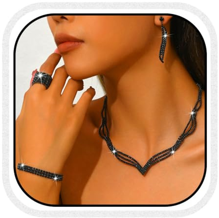 Unicra Schwarz Hochzeit Schmuck Sets Strass Braut Halskette und Ohrringe Armband Ring Set Prom Formal Modeschmuck Set für Frauen und Bräute (Schwarz, One Size)