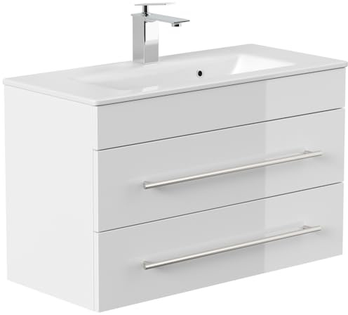 Badmöbel Mars 800 SlimLine mit Keramik Waschbecken, Weiß Hochglanz, 80 cm | SoftClose, Unterschrank mit 2 Schubladen, für Badezimmer