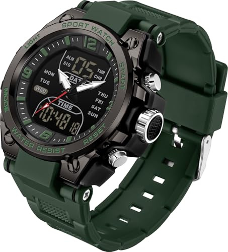 Men's Watch Sport Waterproof Military Watches Outdoor Tactical Digital Analogue Watch Electronic Wrist Watches with LED Luminous Stopwatch Countdown Alarm Dual Time Big Face