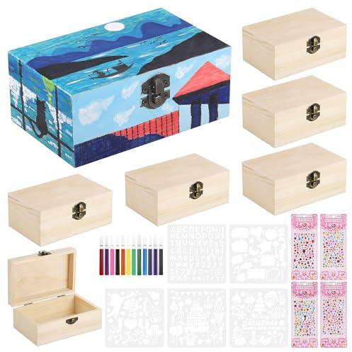 Fentar Lot de 6 coffres au trésor pour anniversaire d'enfant - 15 x 8,5 x 6,2 cm - En bois - Kit de bricolage - Petit coffre au trésor pour enfants - Petite caisse en bois avec couvercle - À peindre